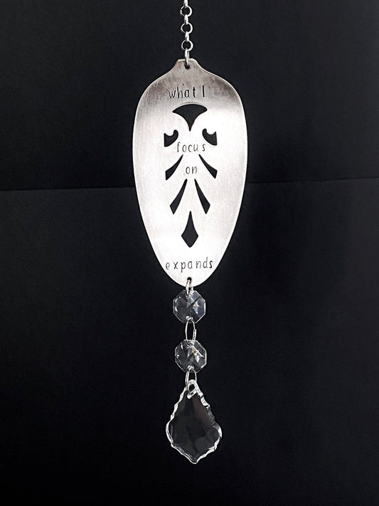 What I Focus on Expands Sun Catcher, Large Sun Catcher Crystal, Vintage Silverware Window Ornament