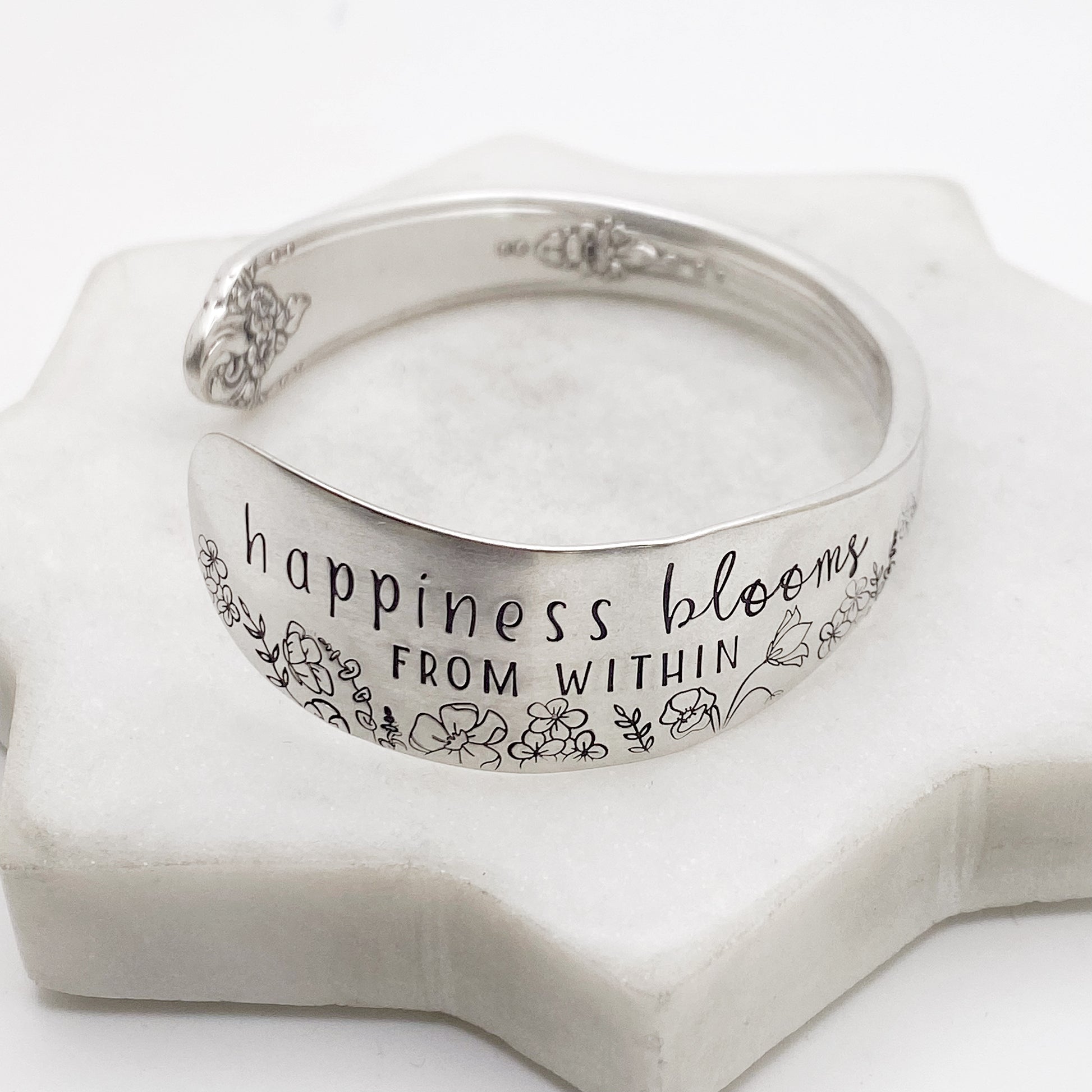 Happiness Blooms from Within, Sweet Briar 1948, Cuff Bracelet, Hand Stamped Vintage Spreader Bracelets callistafaye