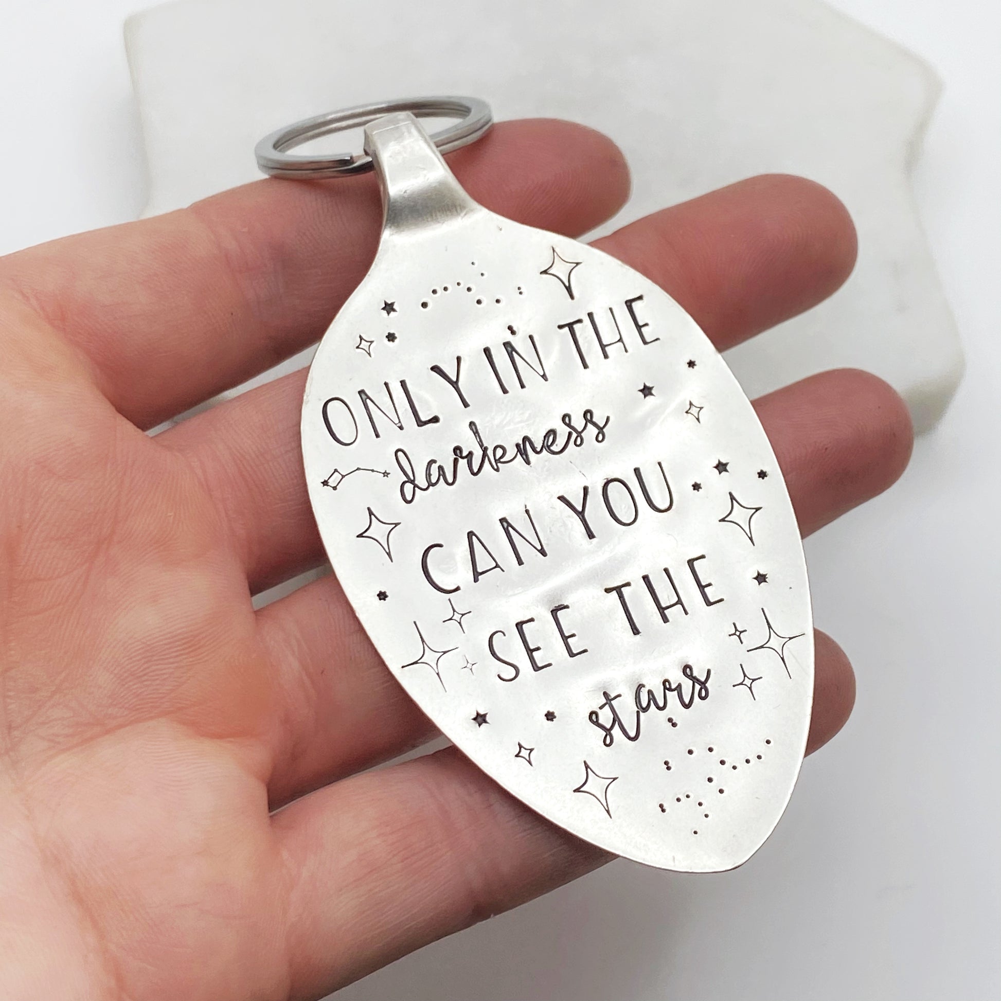 Only in the Darkness Can You See the Stars, Hand Stamped Vintage Spoon Keychain Keychains callistafaye   