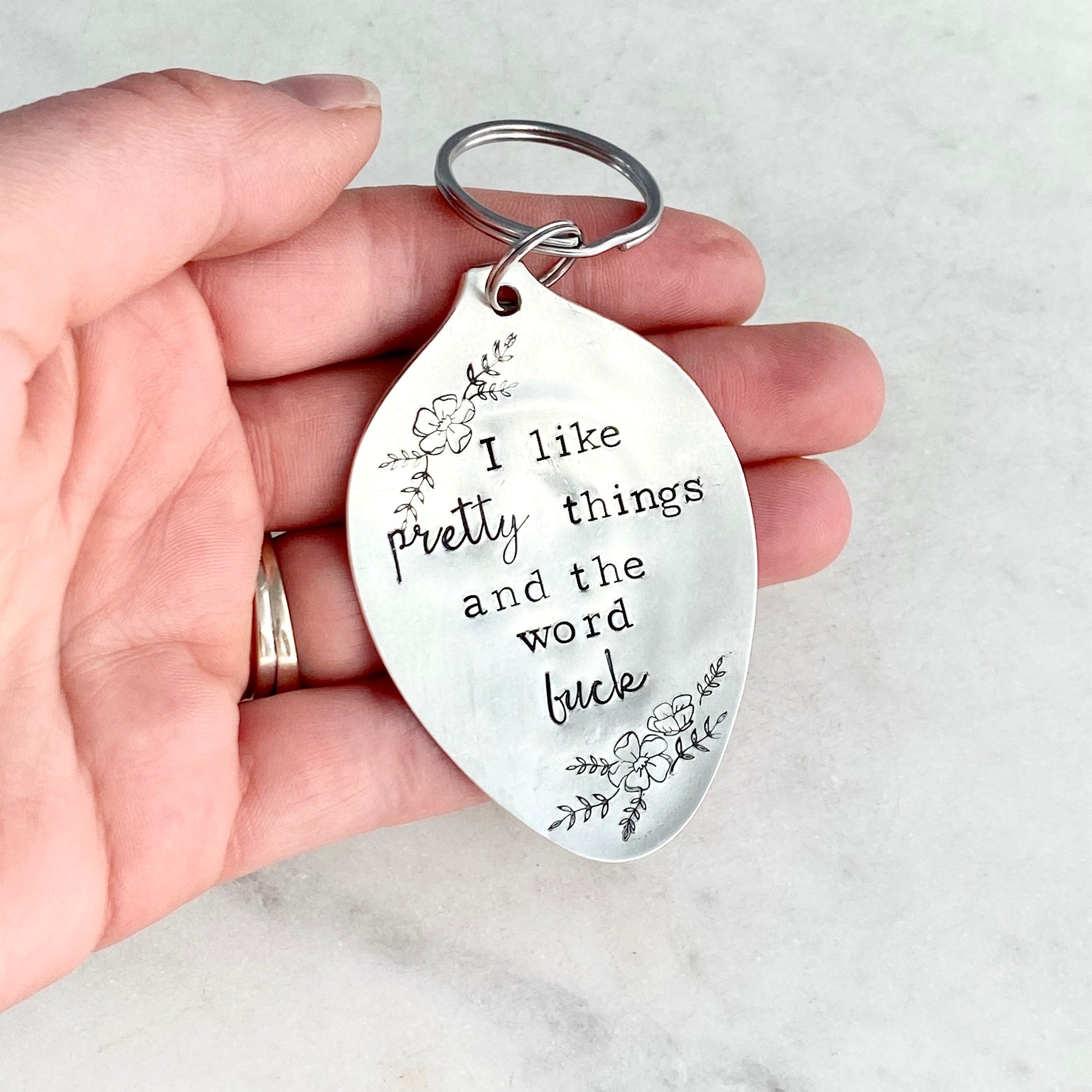 I Like Pretty Things and the Word Fuck, Hand Stamped Vintage Spoon Keychain Keychains callistafaye   