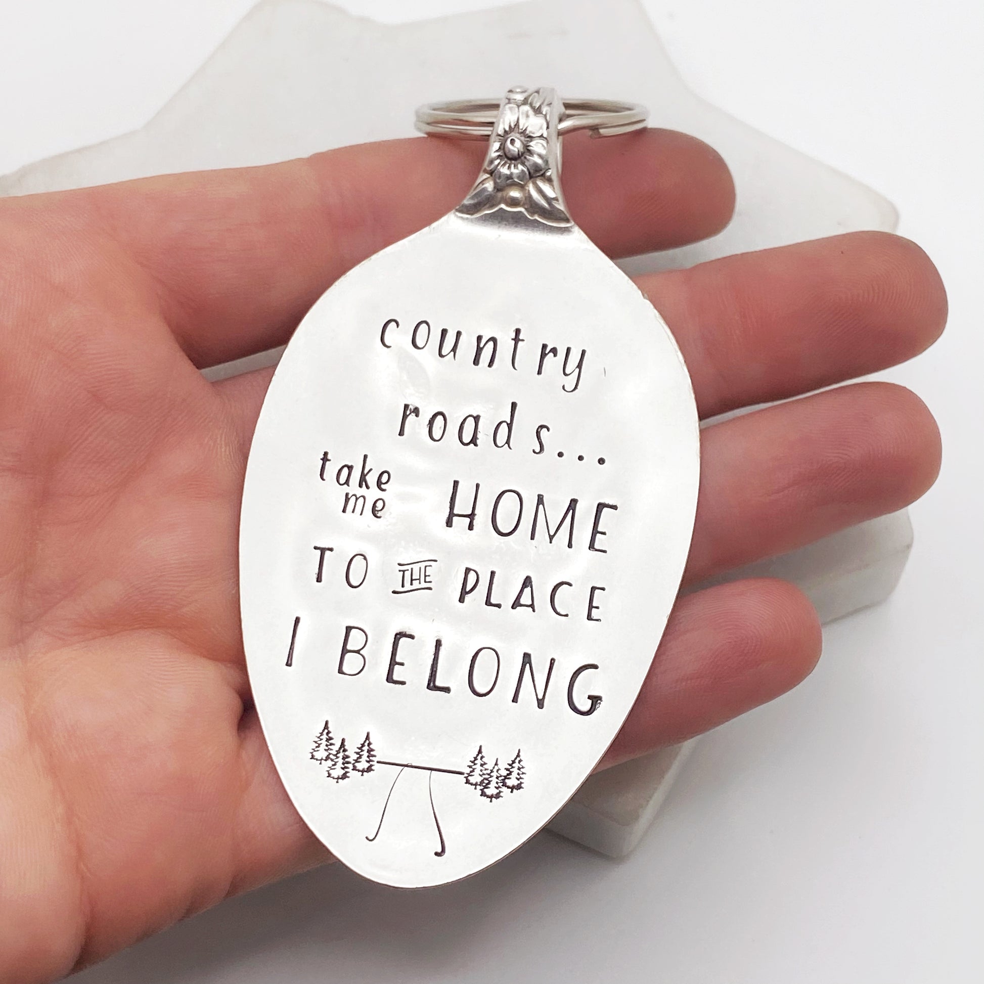 Country Roads Take Me Home, Hand Stamped Vintage Spoon Keychain Keychains callistafaye   