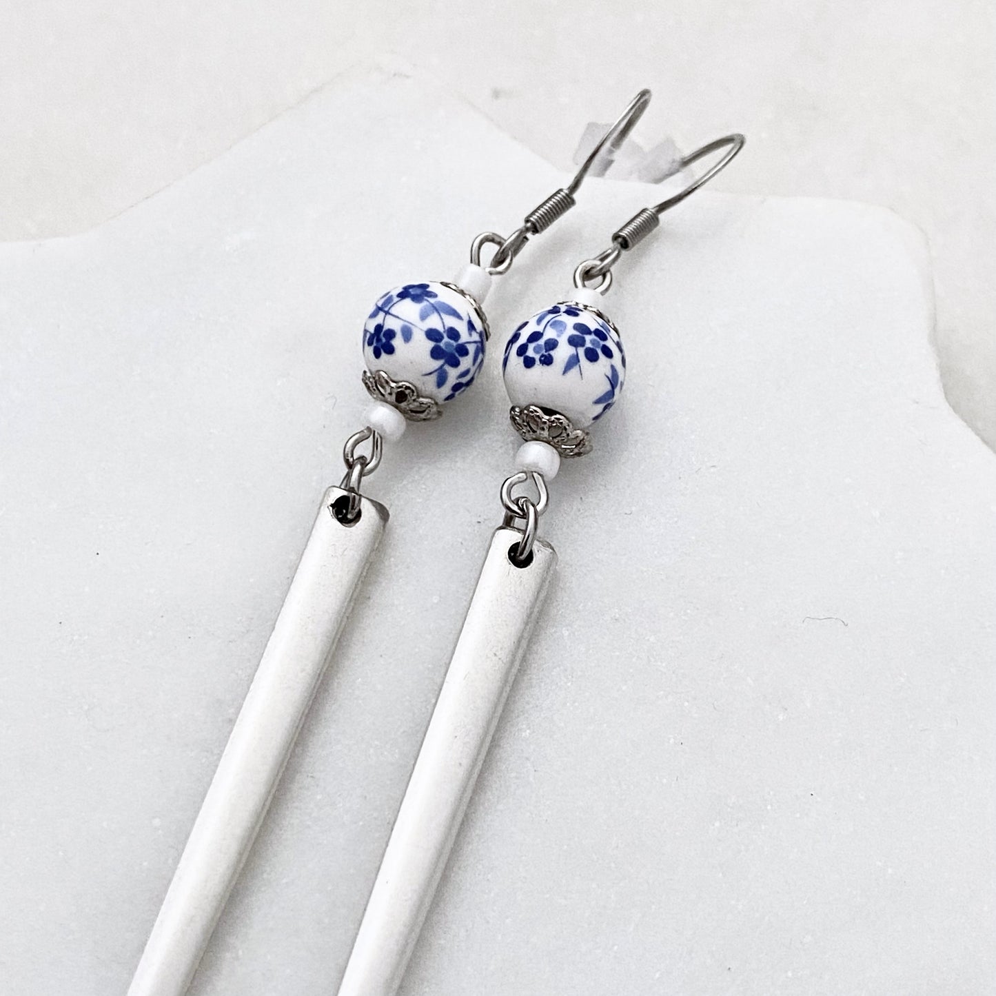 Fork Tine and Bead Drop Earrings (Blue & White Ceramic), Reclaimed Silverware Earrings, Vintage Fork Jewelry Earrings callistafaye   