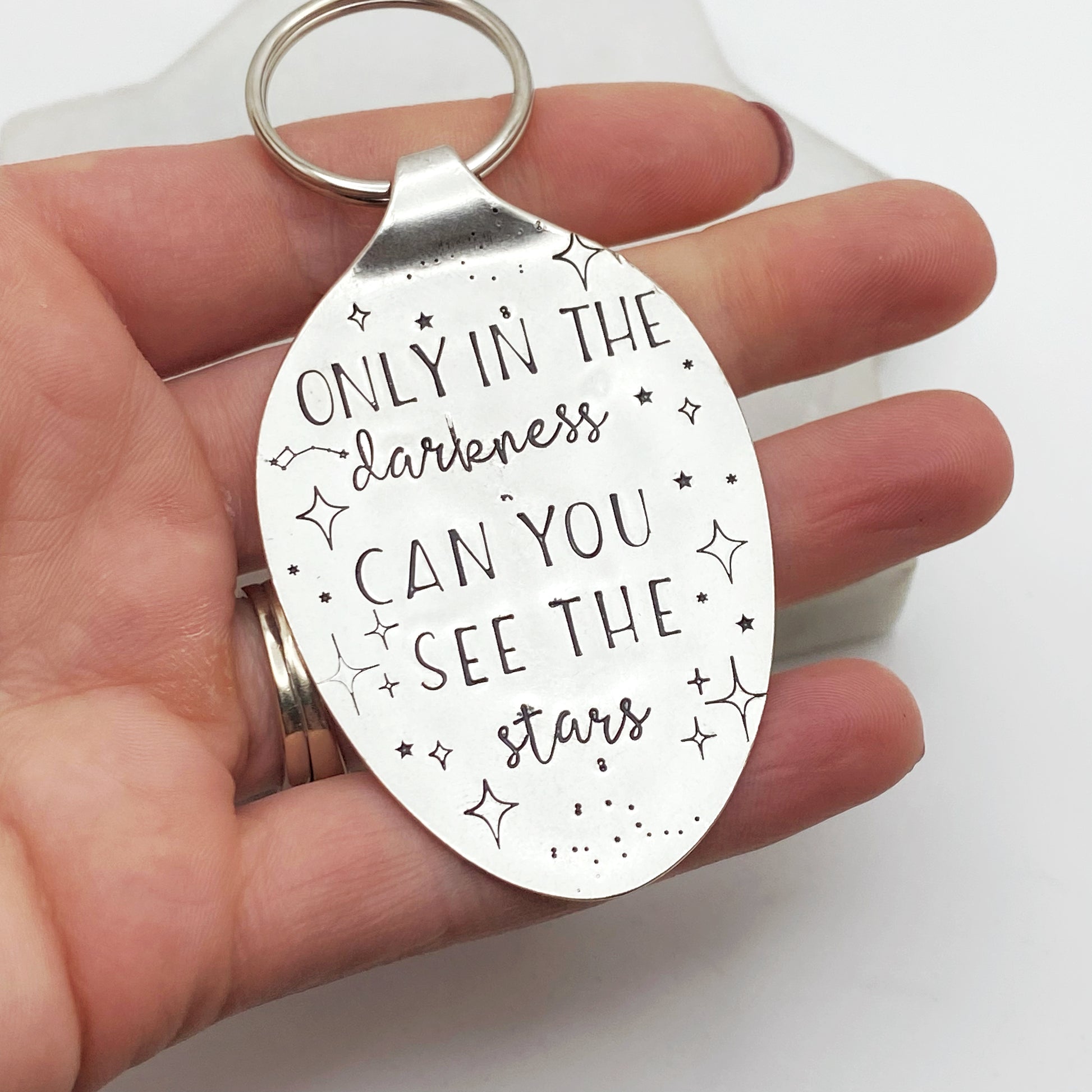 Only in the Darkness Can You See the Stars, Hand Stamped Vintage Spoon Keychain Keychains callistafaye   