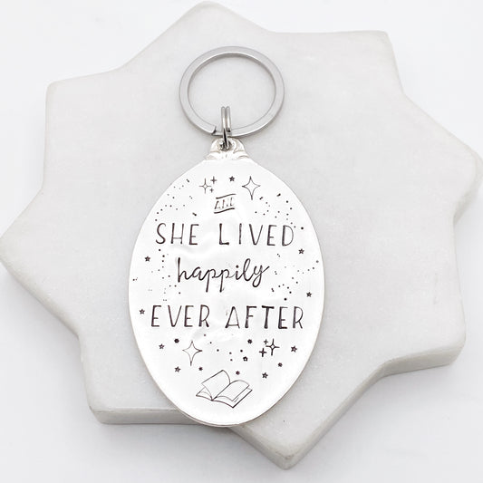 And She Lived Happily Ever After, Hand Stamped Vintage Spoon Keychain