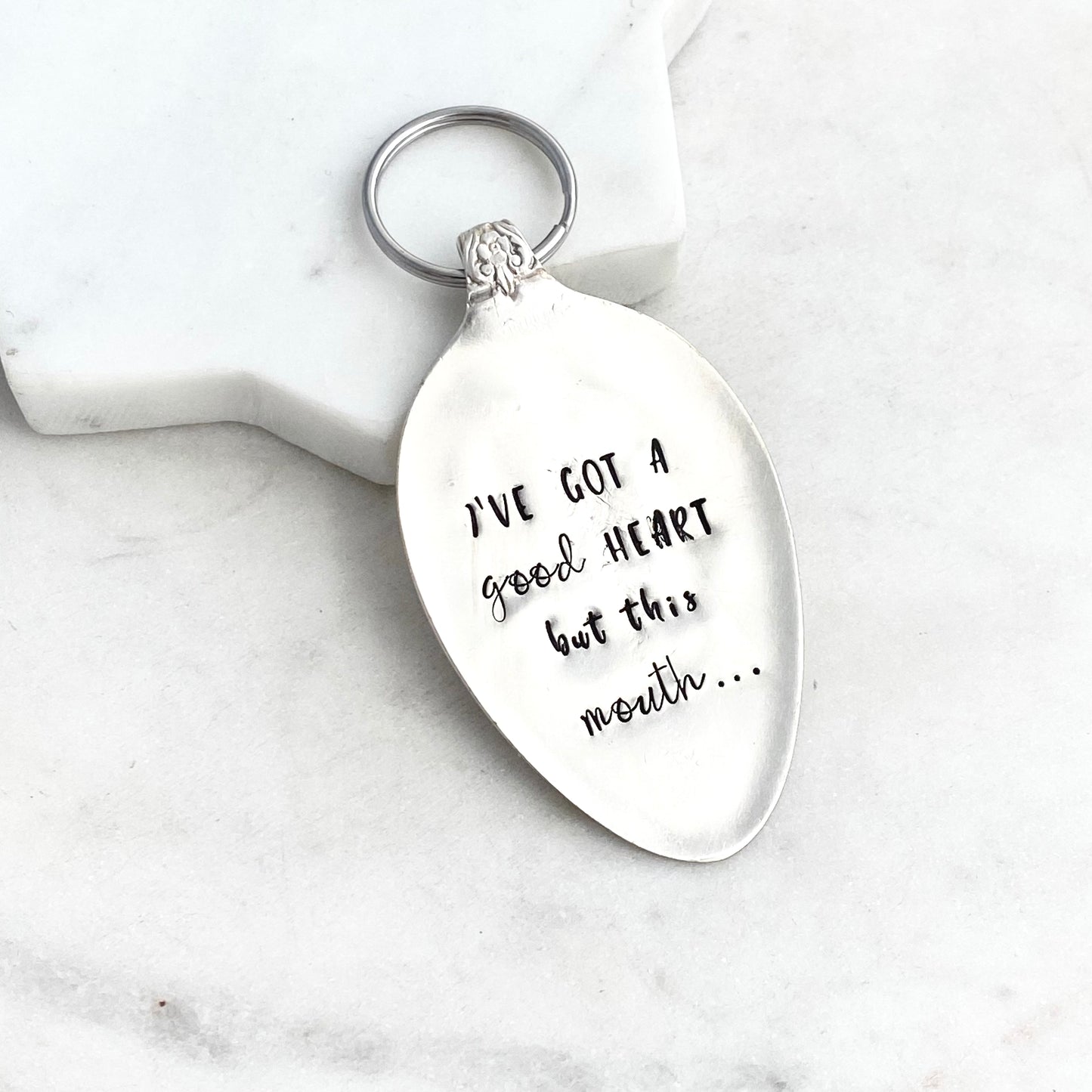 I've Got a Good Heart but This Mouth..., Hand Stamped Vintage Spoon Keychain Keychains callistafaye   