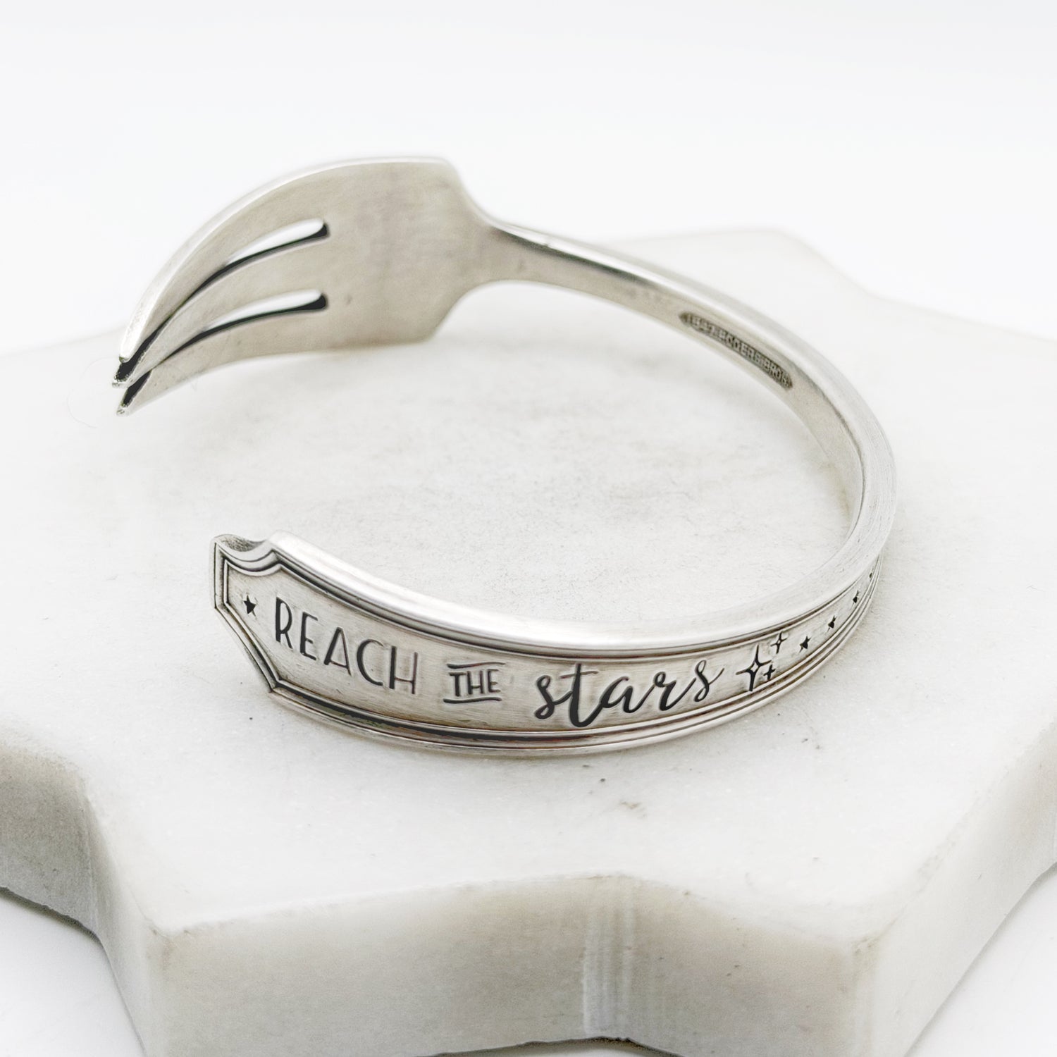 Reach the Stars, Legacy 1928, Cocktail Fork Cuff Bracelet, Hand Stamped Vintage Seafood Fork Bracelets callistafaye