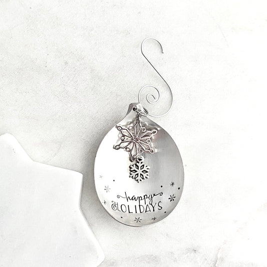Happy Holidays, Spoon Bowl Ornament, Hand Stamped Vintage Spoon Ornament, Snowflake Ornament Ornaments callistafaye   