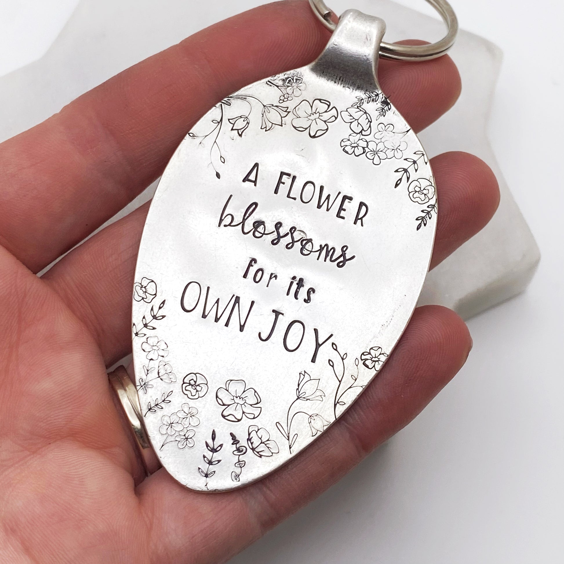 A Flower Blossoms for its Own Joy, Hand Stamped Vintage Spoon Keychain Keychains callistafaye   