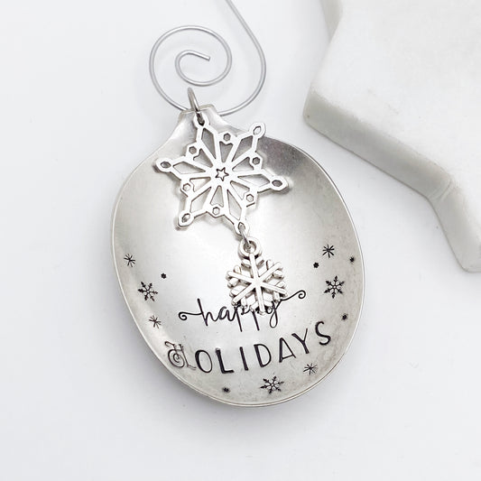 Happy Holidays, Spoon Bowl Ornament, Hand Stamped Vintage Spoon Ornament, Snowflake Ornament Ornaments callistafaye   