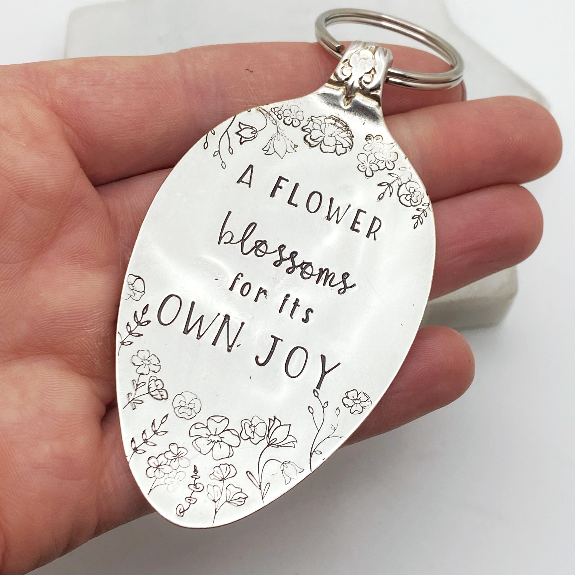 A Flower Blossoms for its Own Joy, Hand Stamped Vintage Spoon Keychain Keychains callistafaye   