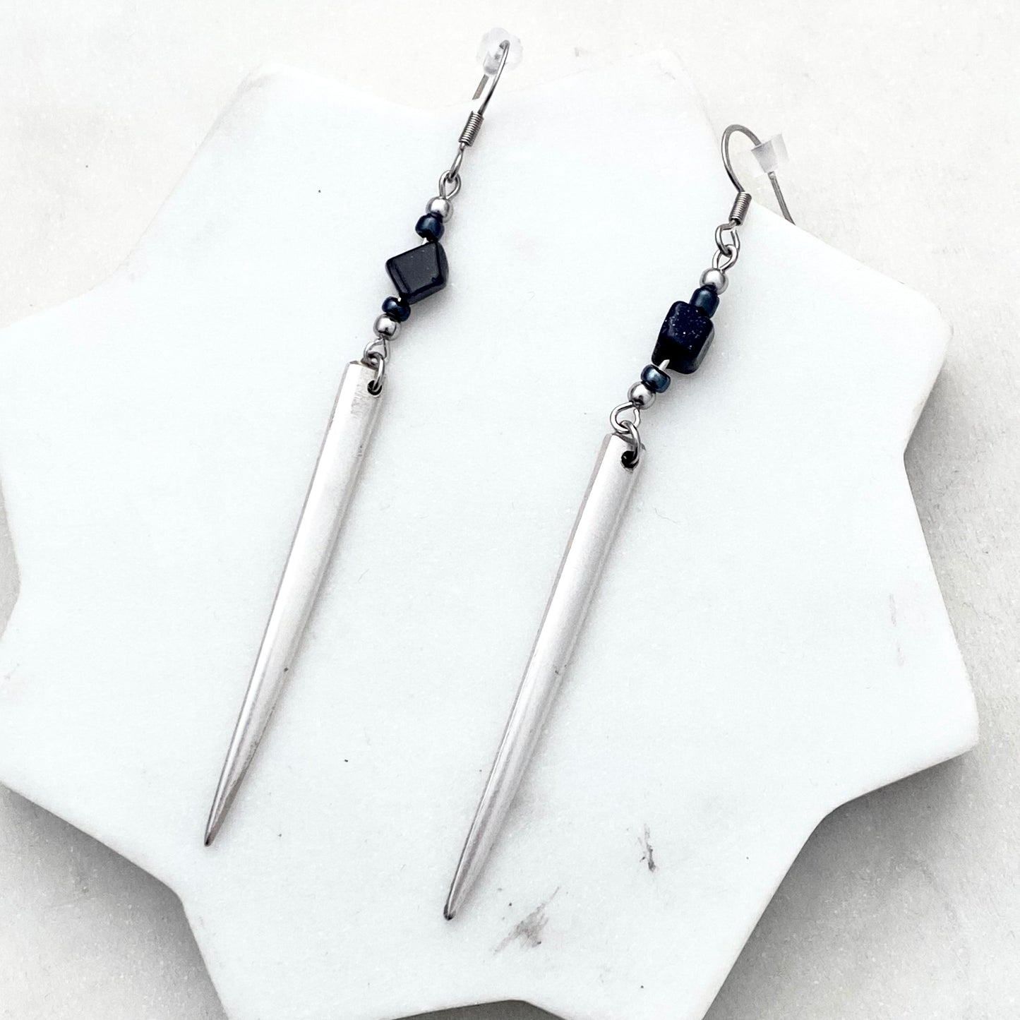 Fork Tine and Bead Drop Earrings (Midnight Blue), Reclaimed Silverware Earrings, Vintage Fork Jewelry Earrings callistafaye   