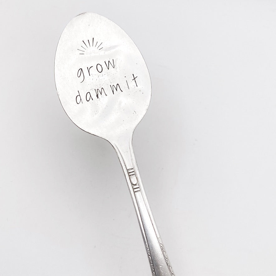 Grow Dammit, Plant Marker, Vintage Spoon Plant Stake, Hand Stamped Houseplant Decor Plant Stake callistafaye