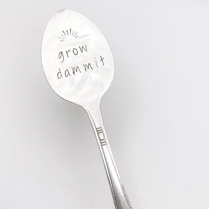 Grow Dammit, Plant Marker, Vintage Spoon Plant Stake, Hand Stamped Houseplant Decor Plant Stake callistafaye