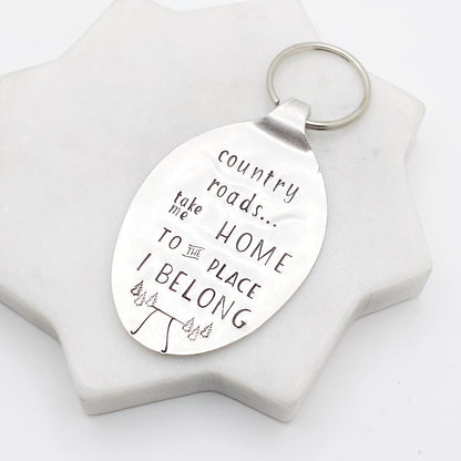 Country Roads Take Me Home, Hand Stamped Vintage Spoon Keychain Keychains callistafaye   