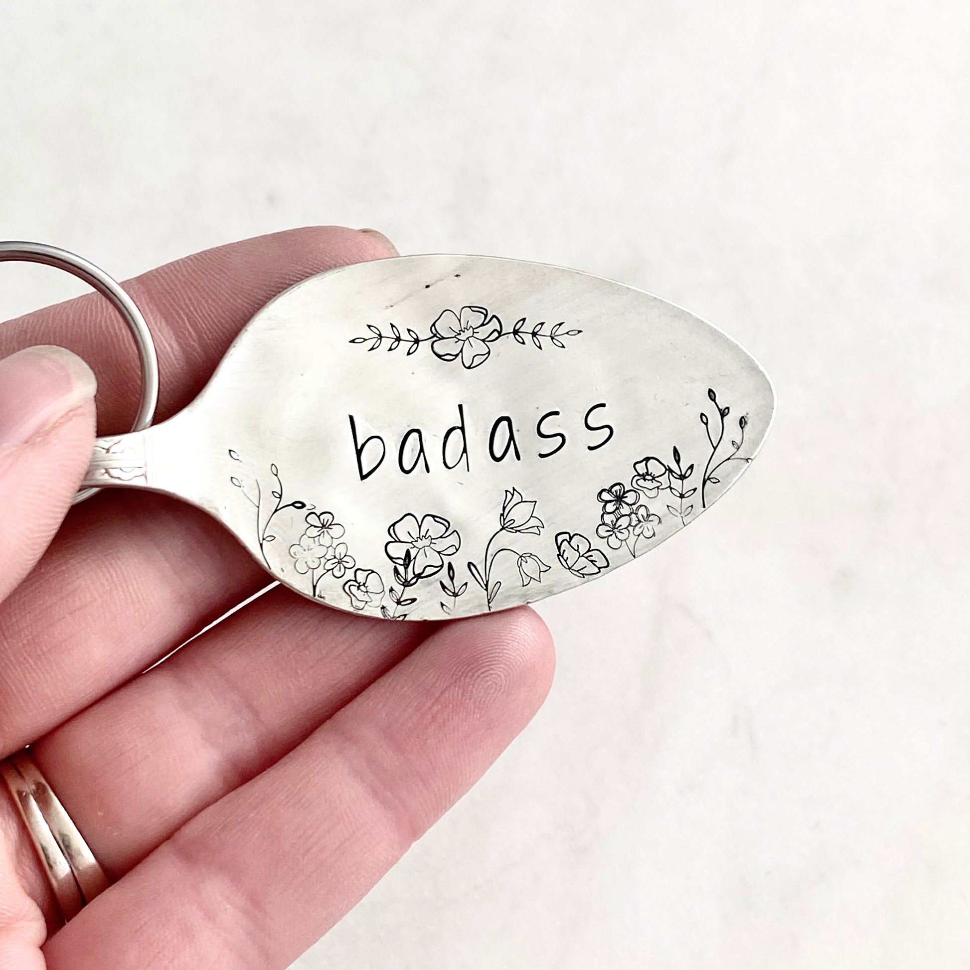 Badass Floral, Hand Stamped Vintage Spoon Keychain Keychains callistafaye   