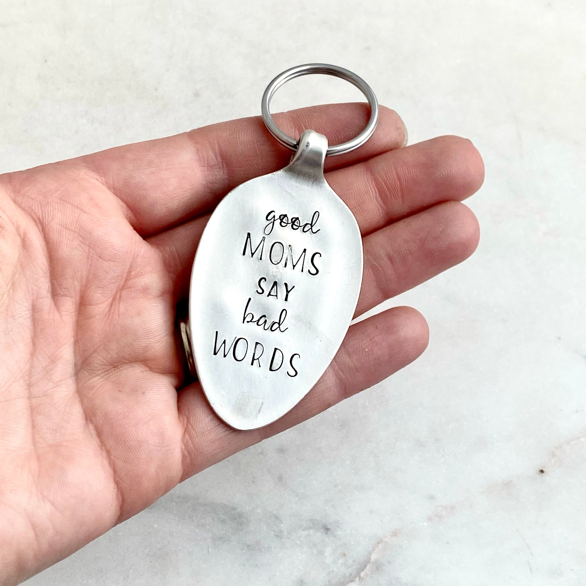 Good Moms Say Bad Words, Hand Stamped Vintage Spoon Keychain Keychains callistafaye   