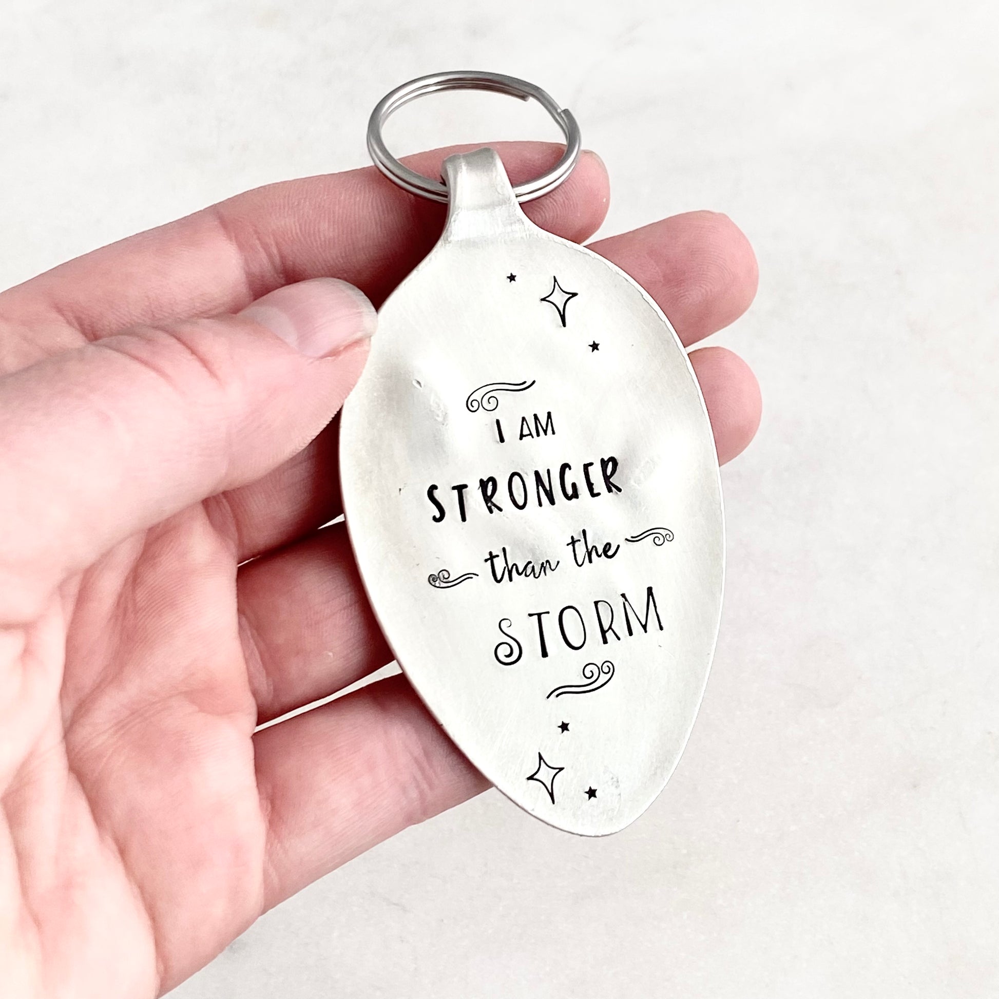 I am Stronger Than the Storm, Hand Stamped Vintage Spoon Keychain Keychains callistafaye   