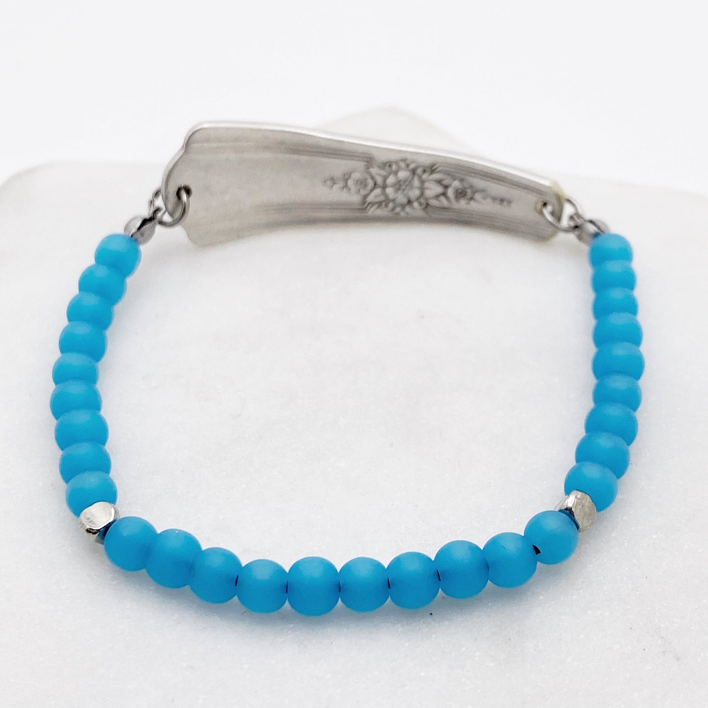 Custom Sea Glass, Personalized Beaded Silverware Stretch Bracelet, Vintage Spoon Handle, Antique Spoon Bracelet