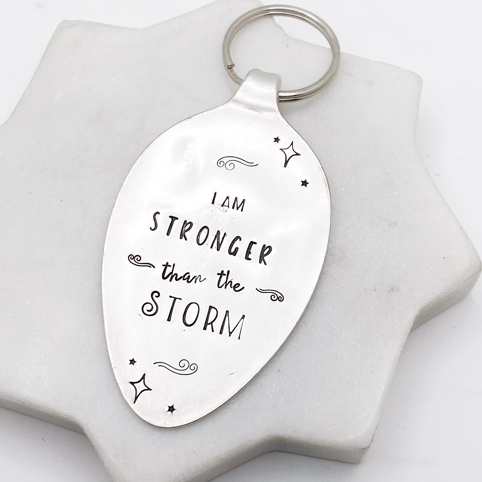 I am Stronger Than the Storm, Hand Stamped Vintage Spoon Keychain Keychains callistafaye   