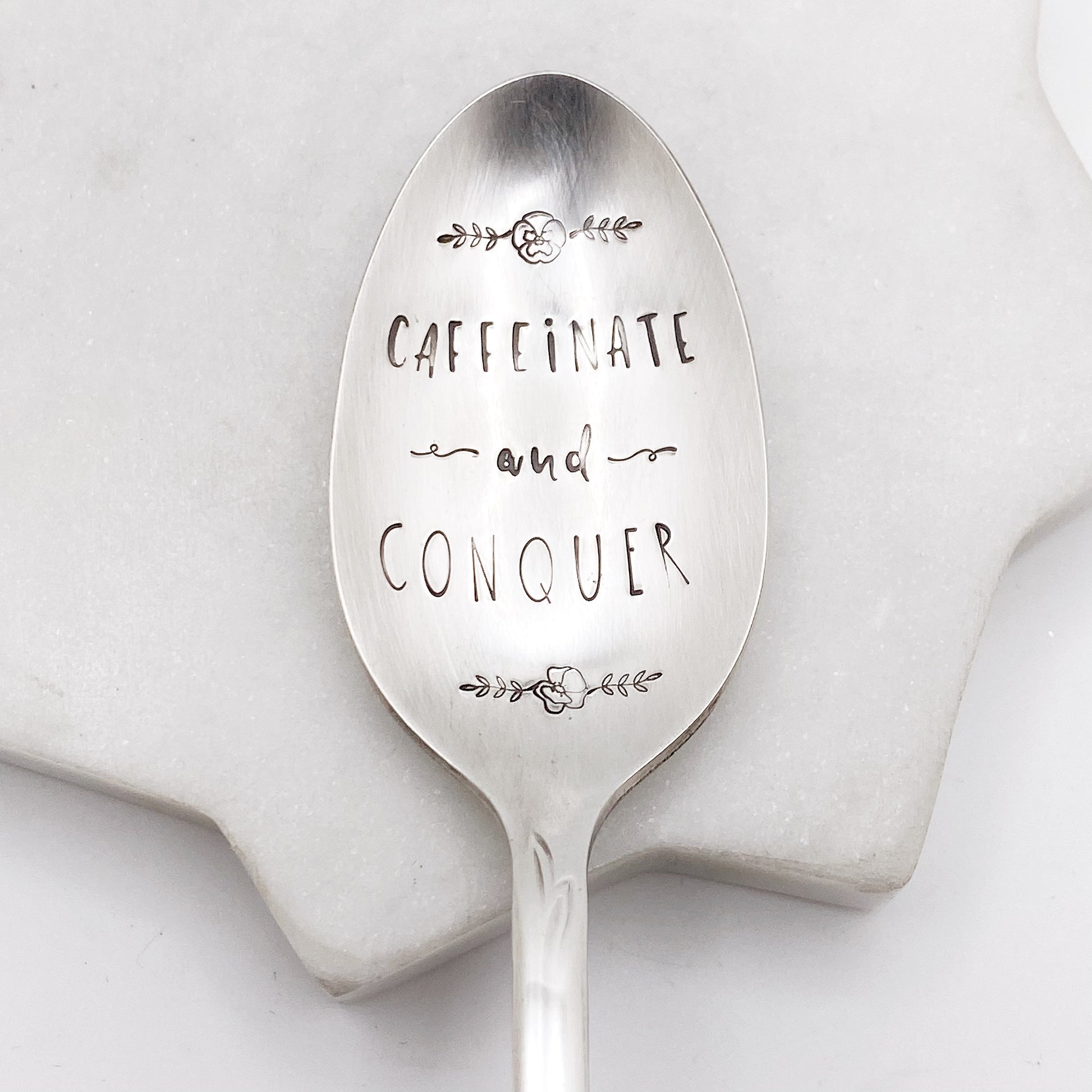 Caffeinate and Conquer, Hand Stamped Vintage Spoon Spoons callistafaye   