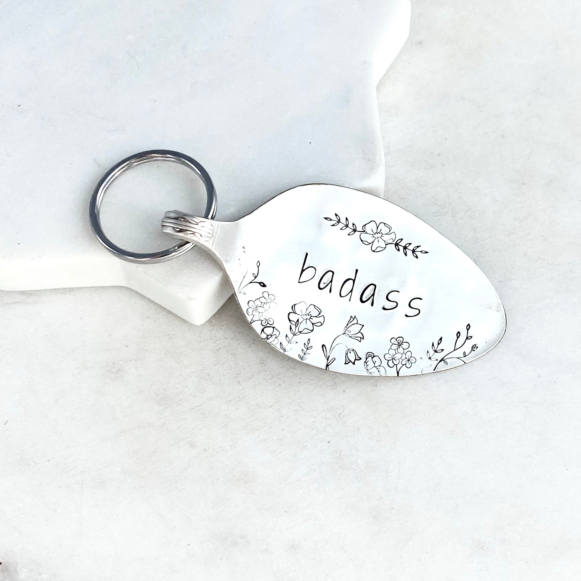 Badass Floral, Hand Stamped Vintage Spoon Keychain Keychains callistafaye   