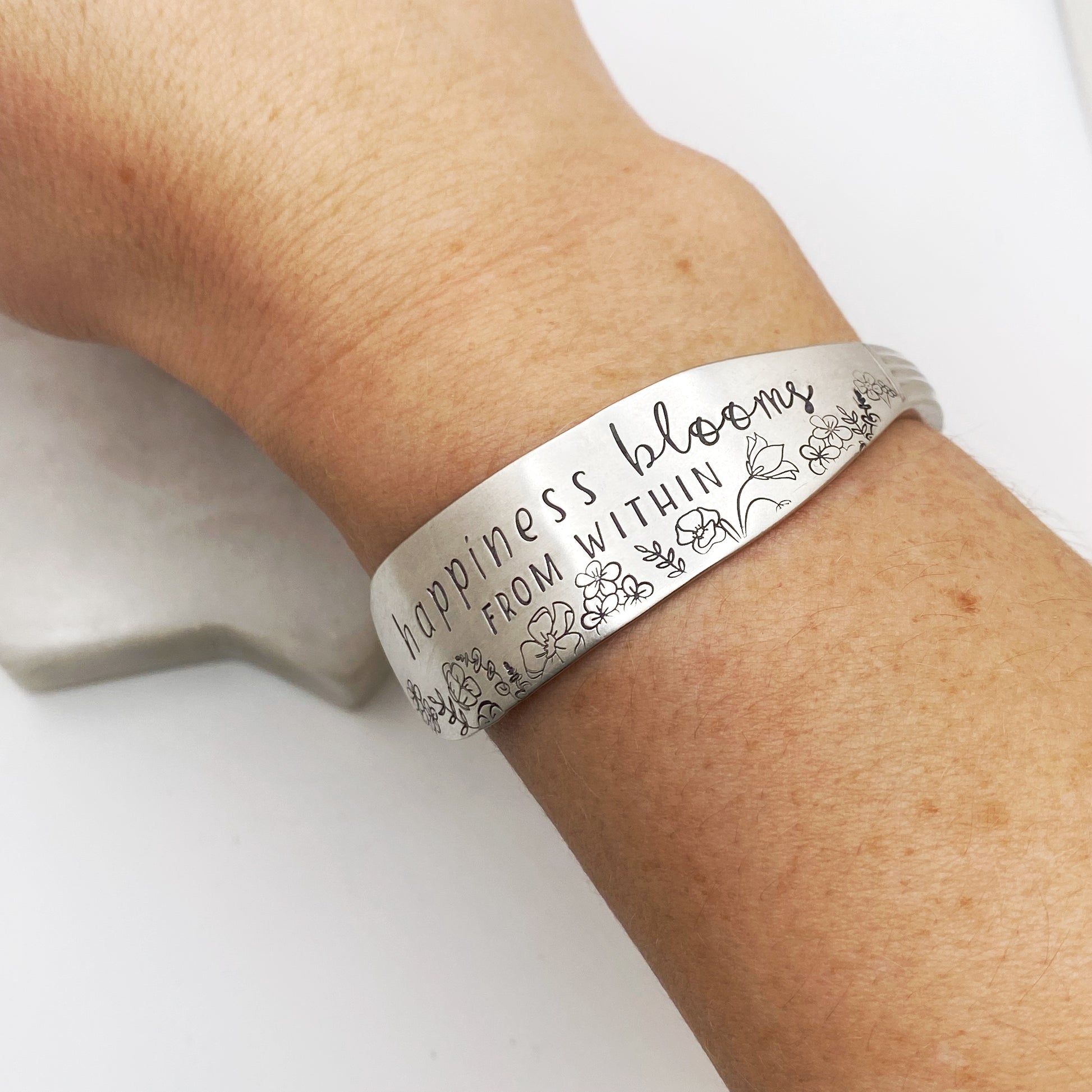 Happiness Blooms from Within, Sweet Briar 1948, Cuff Bracelet, Hand Stamped Vintage Spreader Bracelets callistafaye