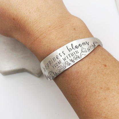Happiness Blooms from Within, Sweet Briar 1948, Cuff Bracelet, Hand Stamped Vintage Spreader Bracelets callistafaye