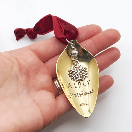 Merry Christmas, GOLD Spoon Bowl Ornament, Hand Stamped Vintage Spoon Ornament, Snowflake Ornament Ornaments callistafaye   