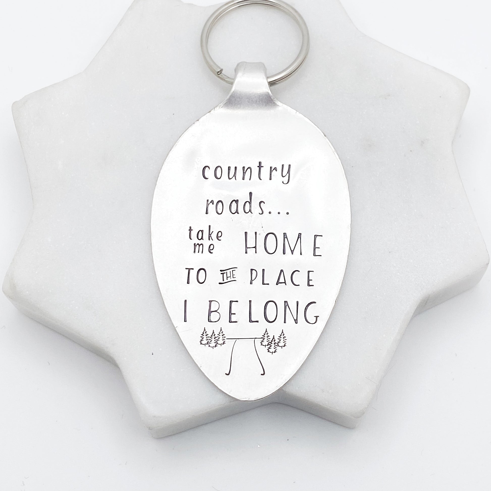 Country Roads Take Me Home, Hand Stamped Vintage Spoon Keychain Keychains callistafaye   