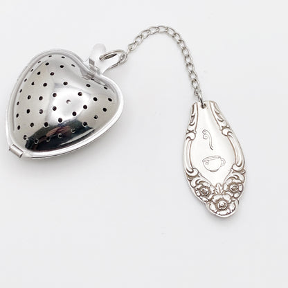 Silvery Mist 1955 Tea Infuser, Loose Leaf Tea Steeper, Heart Shape Tea Diffuser with chain and Vintage Silverware Charm, Stainless Steel Tea Ball Strainer Tea Infuser callistafaye   