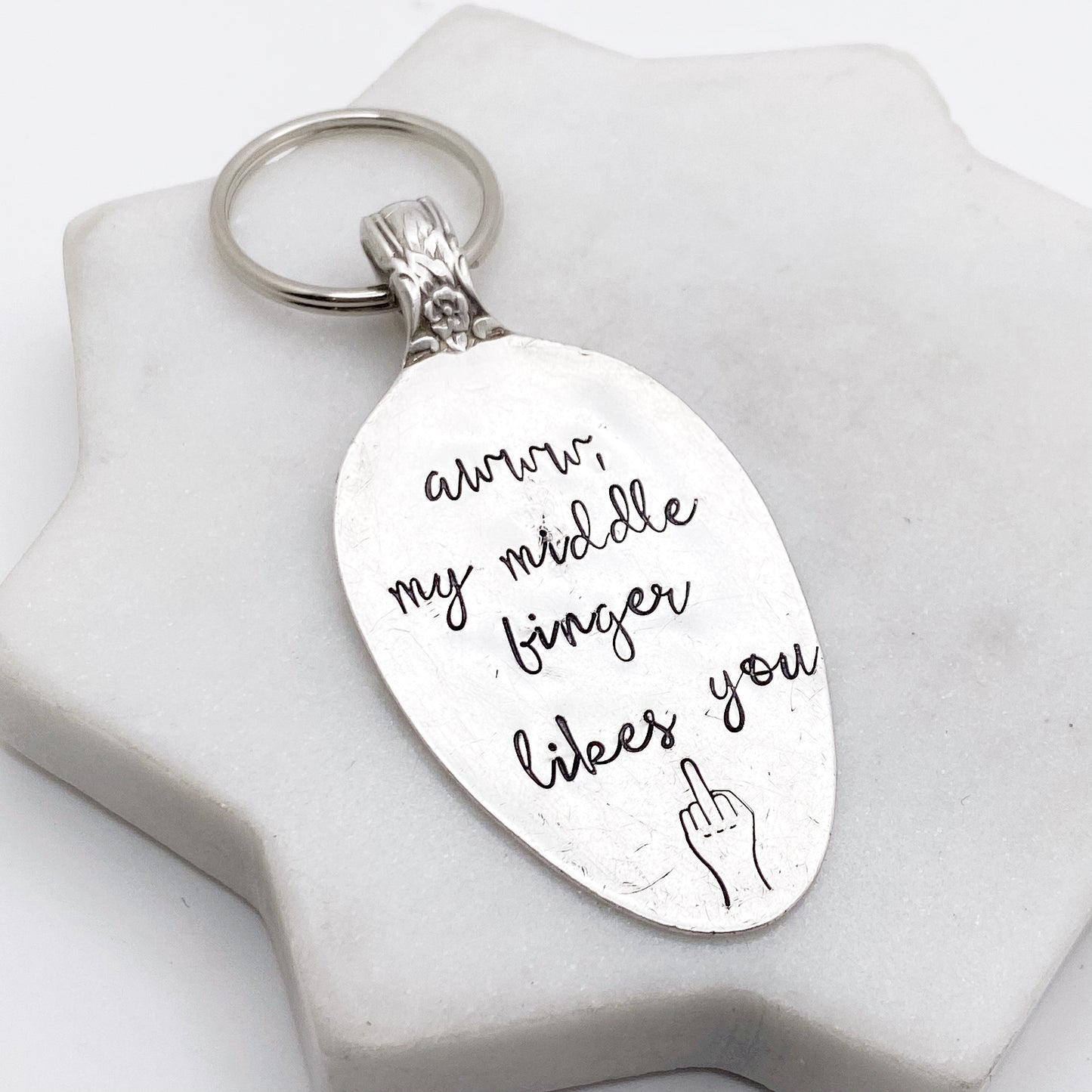 Awww My Middle Finger Likes You, Hand Stamped Vintage Spoon Keychain Keychains callistafaye   