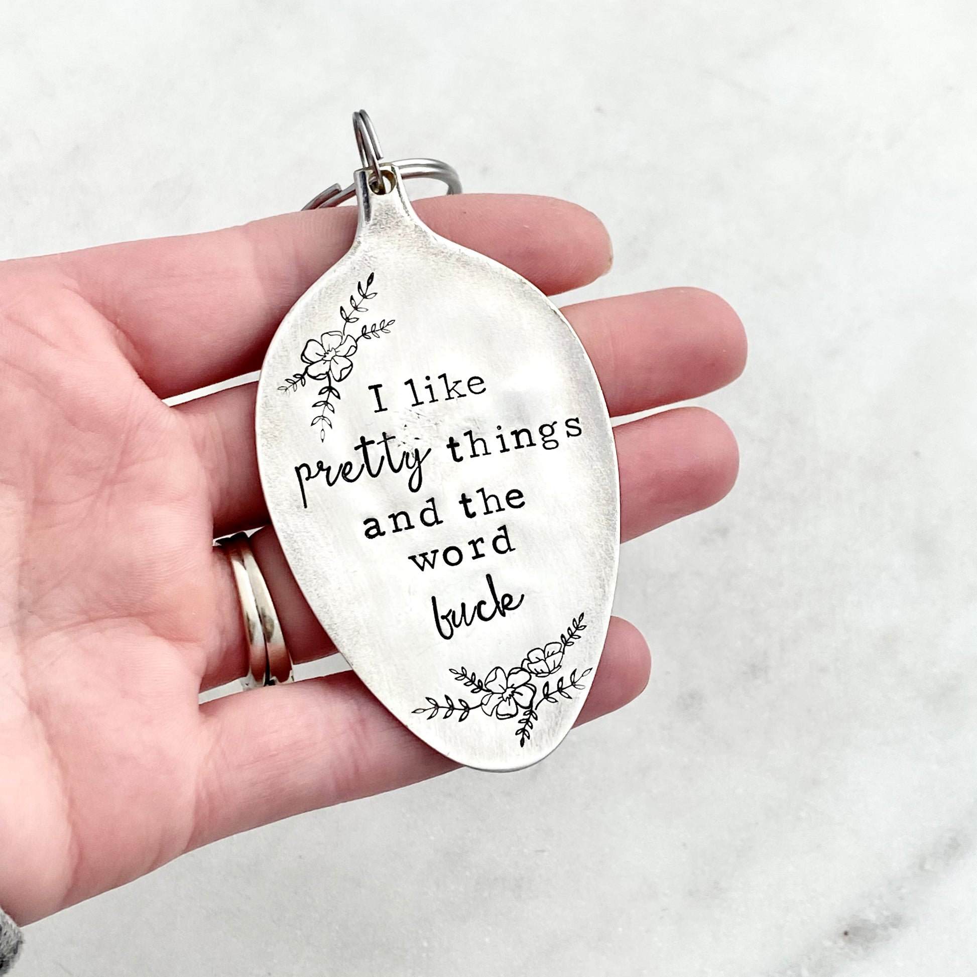 I Like Pretty Things and the Word Fuck, Hand Stamped Vintage Spoon Keychain Keychains callistafaye   