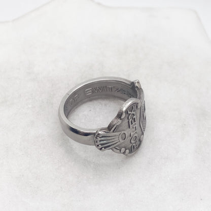 Rolex Spoon Ring, Custom Size, Swiss Cross, Lucerne, RARE Vintage Souvenir Spoon Ring, Stainless Steel Spoon Ring, Reclaimed Collector's Spoon Ring Rings callistafaye