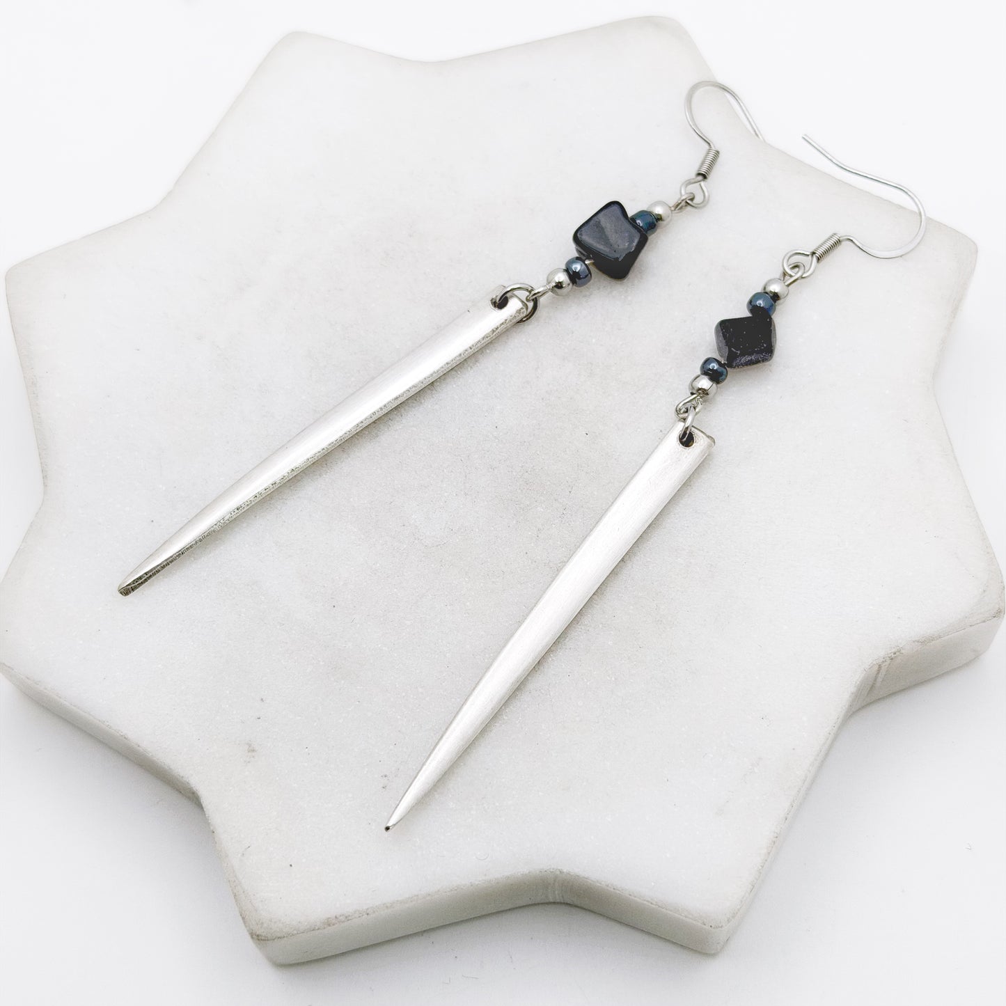 Fork Tine and Bead Drop Earrings (Midnight Blue), Reclaimed Silverware Earrings, Vintage Fork Jewelry