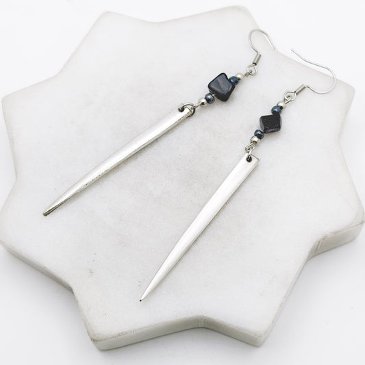 Fork Tine and Bead Drop Earrings (Midnight Blue), Reclaimed Silverware Earrings, Vintage Fork Jewelry