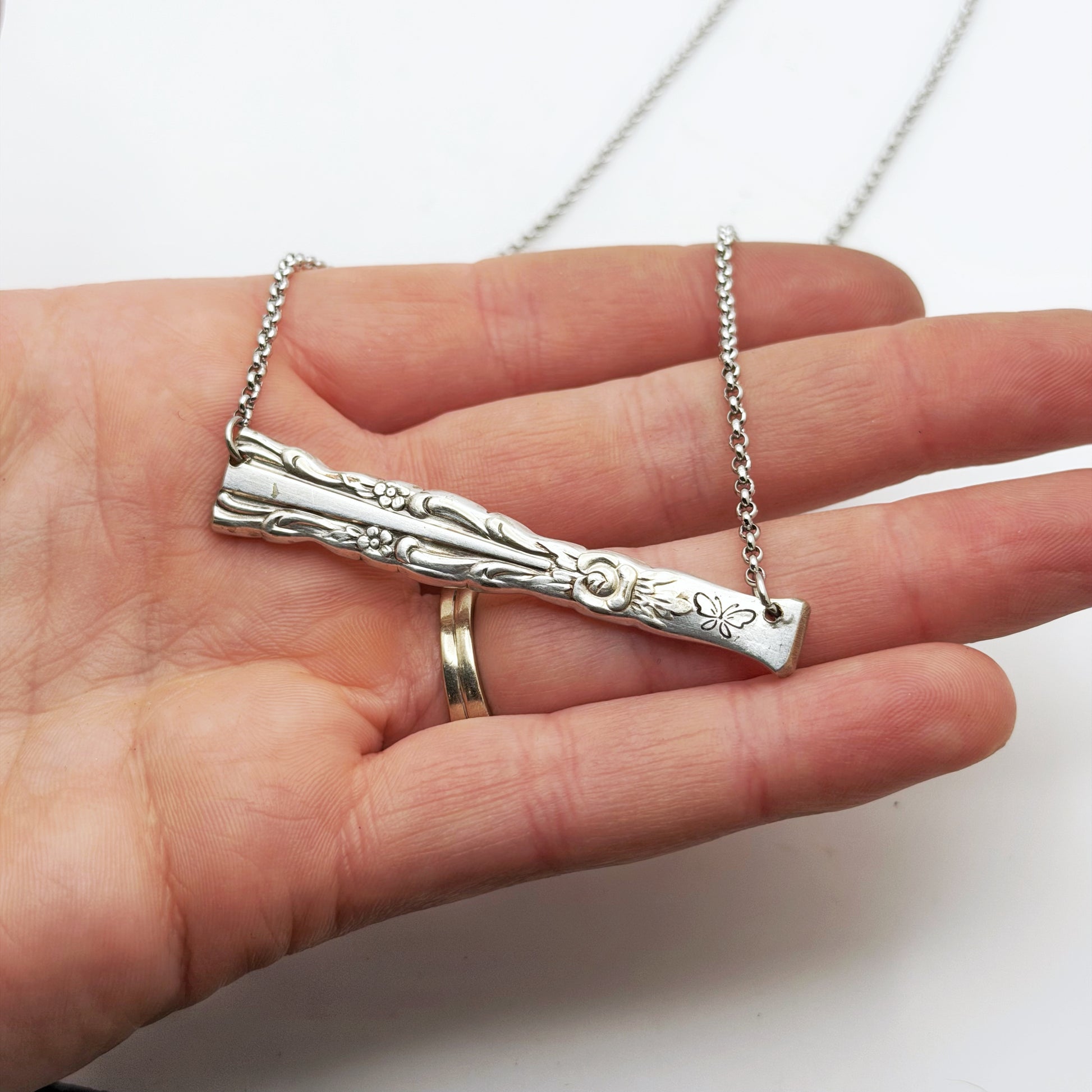Butterfly, Bellfontaine 1973, RARE Spoon Handle Bar Necklace, Reclaimed Silverware Necklace, Vintage Silver Necklace Necklaces callistafaye