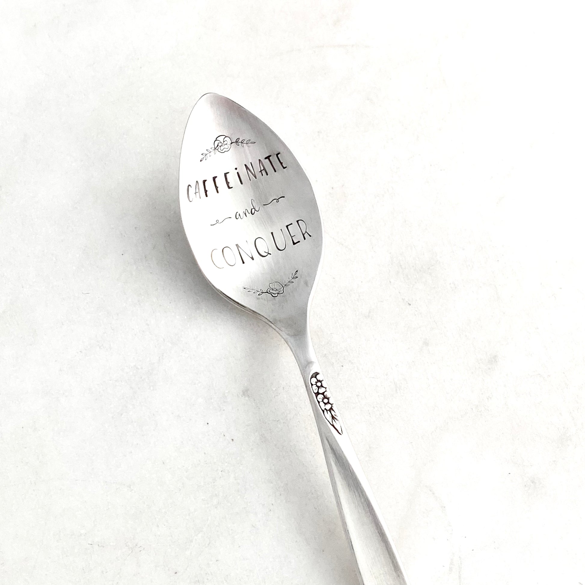 Caffeinate and Conquer, Hand Stamped Vintage Spoon Spoons callistafaye   