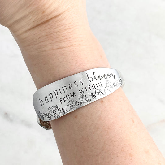 Happiness Blooms from Within, Sweet Briar 1948, Cuff Bracelet, Hand Stamped Vintage Spreader Bracelets callistafaye   