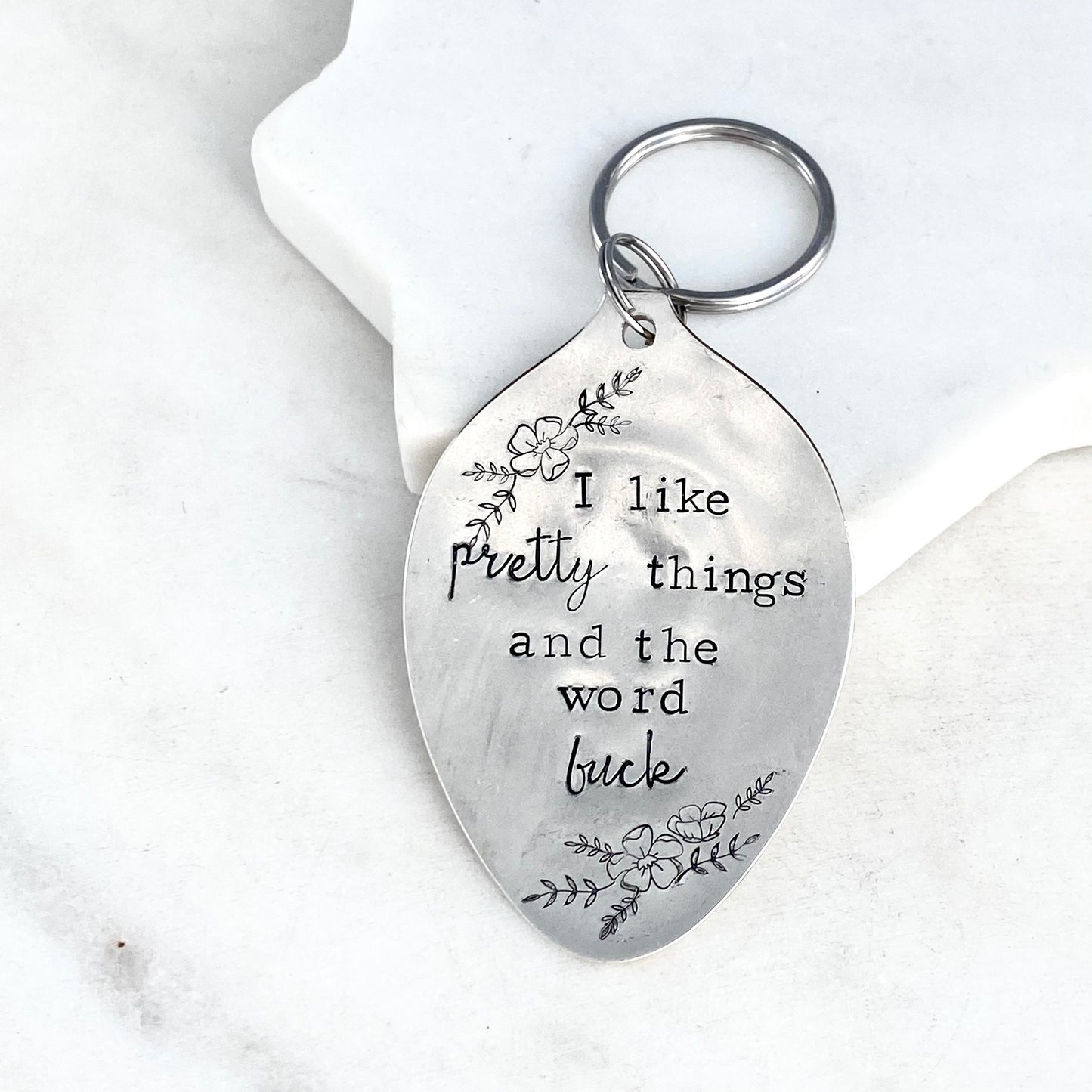 I Like Pretty Things and the Word Fuck, Hand Stamped Vintage Spoon Keychain Keychains callistafaye   