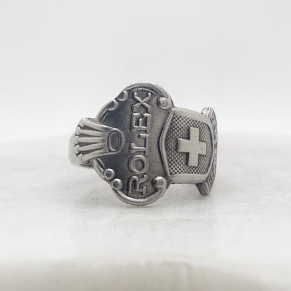 Rolex Spoon Ring, Custom Size, Swiss Cross, Lucerne, RARE Vintage Souvenir Spoon Ring, Stainless Steel Spoon Ring, Reclaimed Collector's Spoon Ring Rings callistafaye