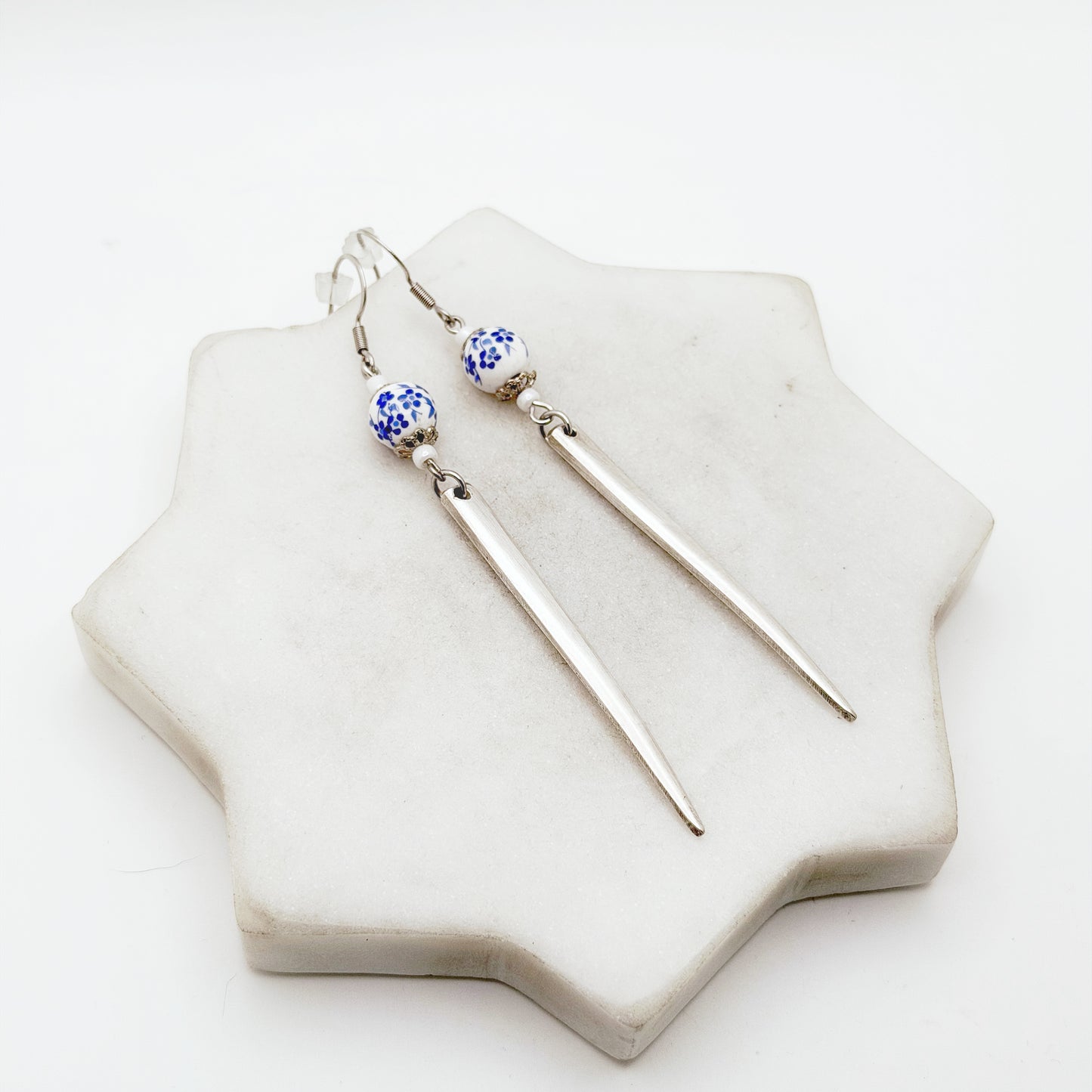 Fork Tine and Bead Drop Earrings (Blue & White Ceramic), Reclaimed Silverware Earrings, Vintage Fork Jewelry Earrings callistafaye