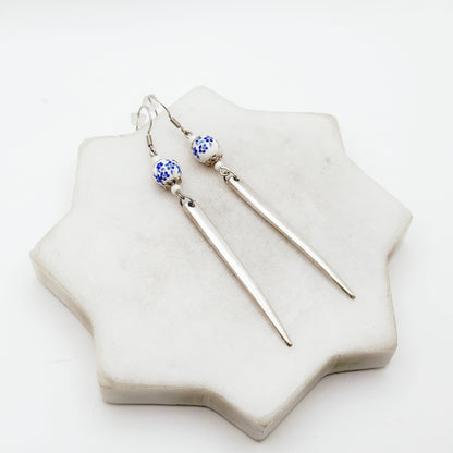Fork Tine and Bead Drop Earrings (Blue & White Ceramic), Reclaimed Silverware Earrings, Vintage Fork Jewelry Earrings callistafaye