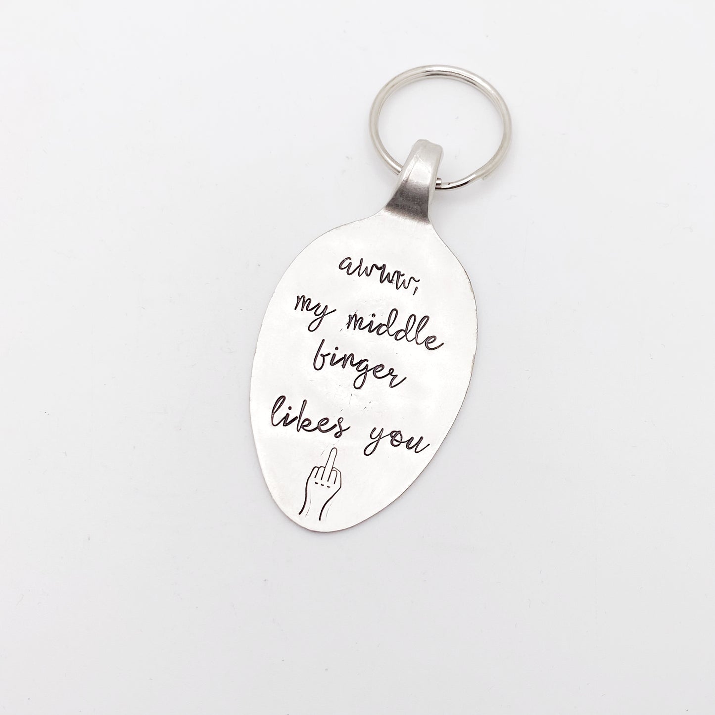 Awww My Middle Finger Likes You, Hand Stamped Vintage Spoon Keychain Keychains callistafaye