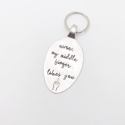 Awww My Middle Finger Likes You, Hand Stamped Vintage Spoon Keychain Keychains callistafaye