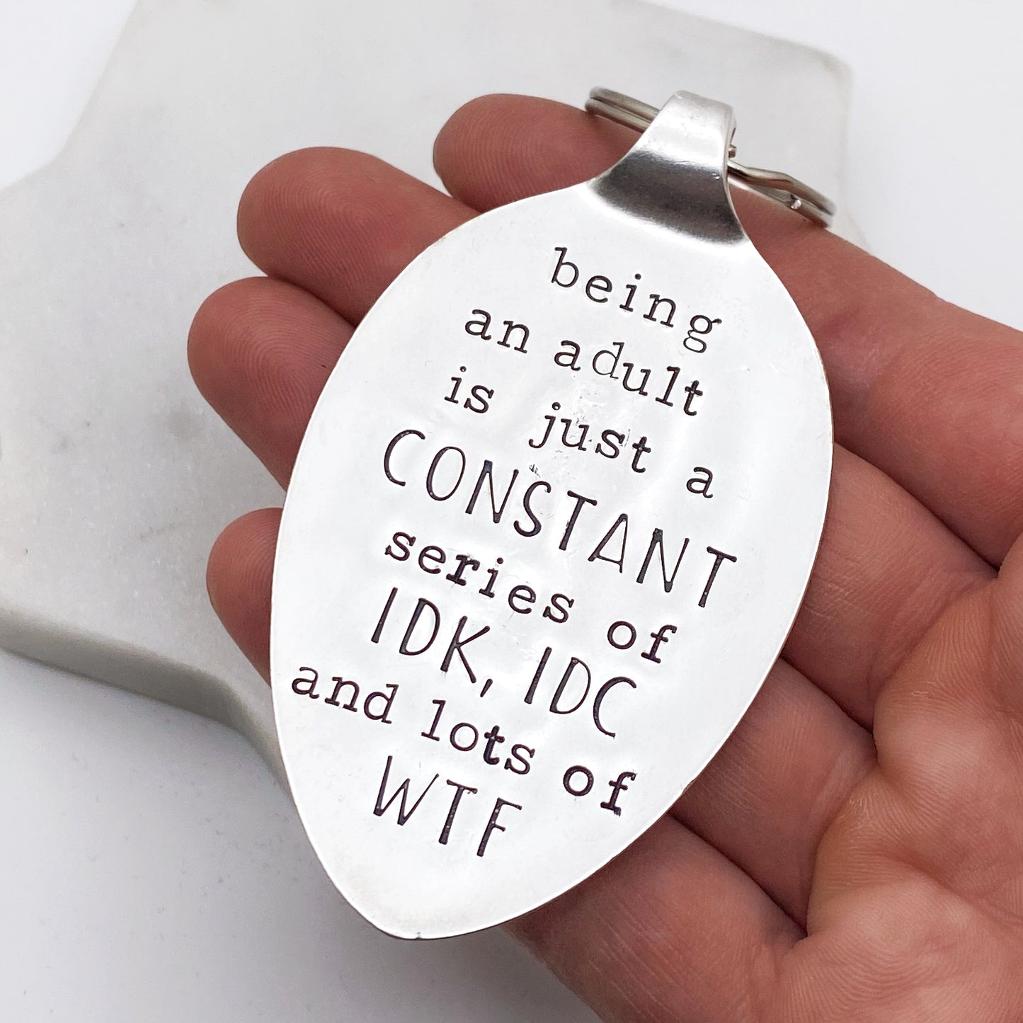 Being an Adult..., Hand Stamped Vintage Spoon Keychain Keychains callistafaye   