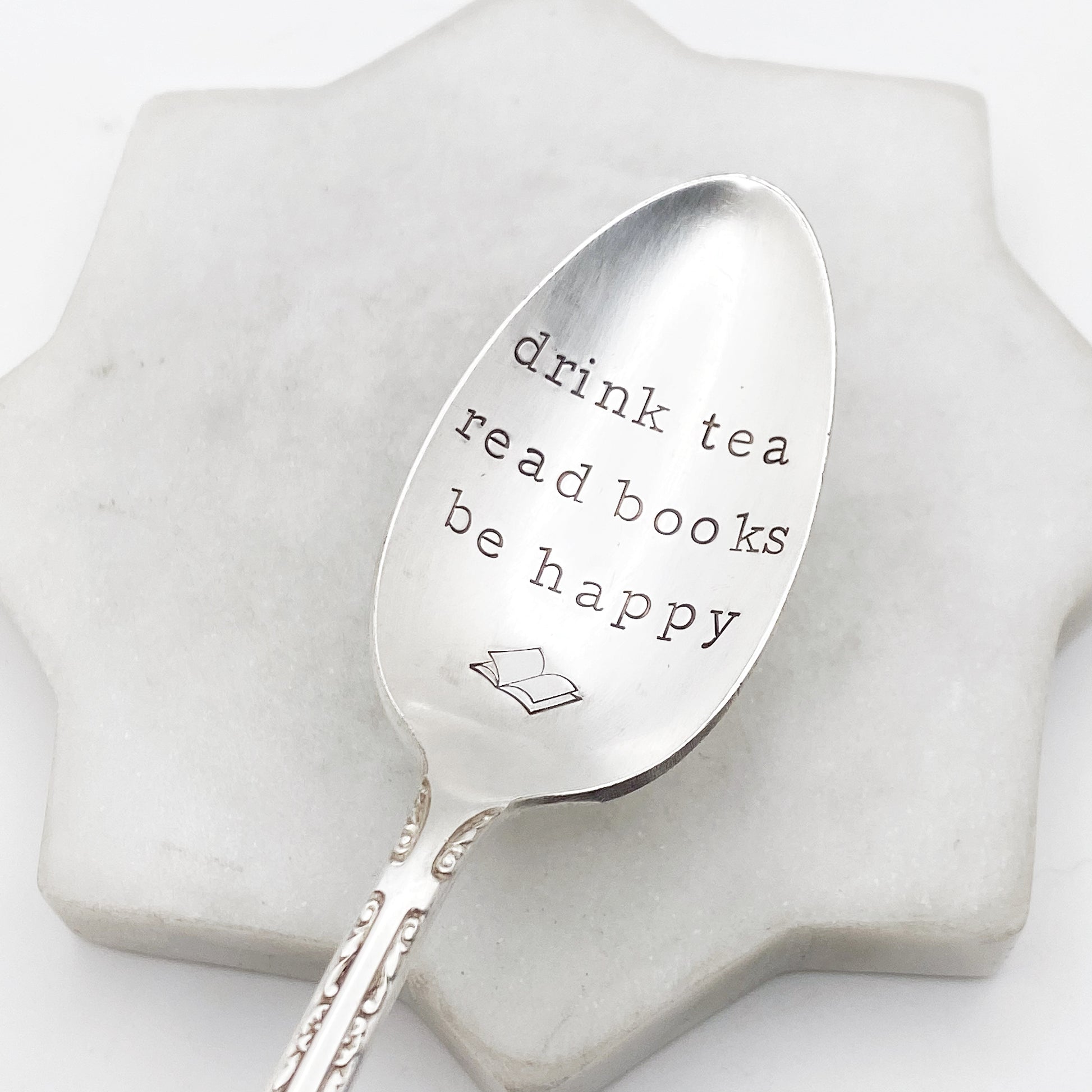 Drink Tea Read Books Be Happy, Hand Stamped Vintage Spoon Spoons callistafaye