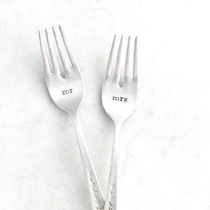 Mr & Mrs, Wedding Fork SET, Hand Stamped Vintage Fork Forks callistafaye   