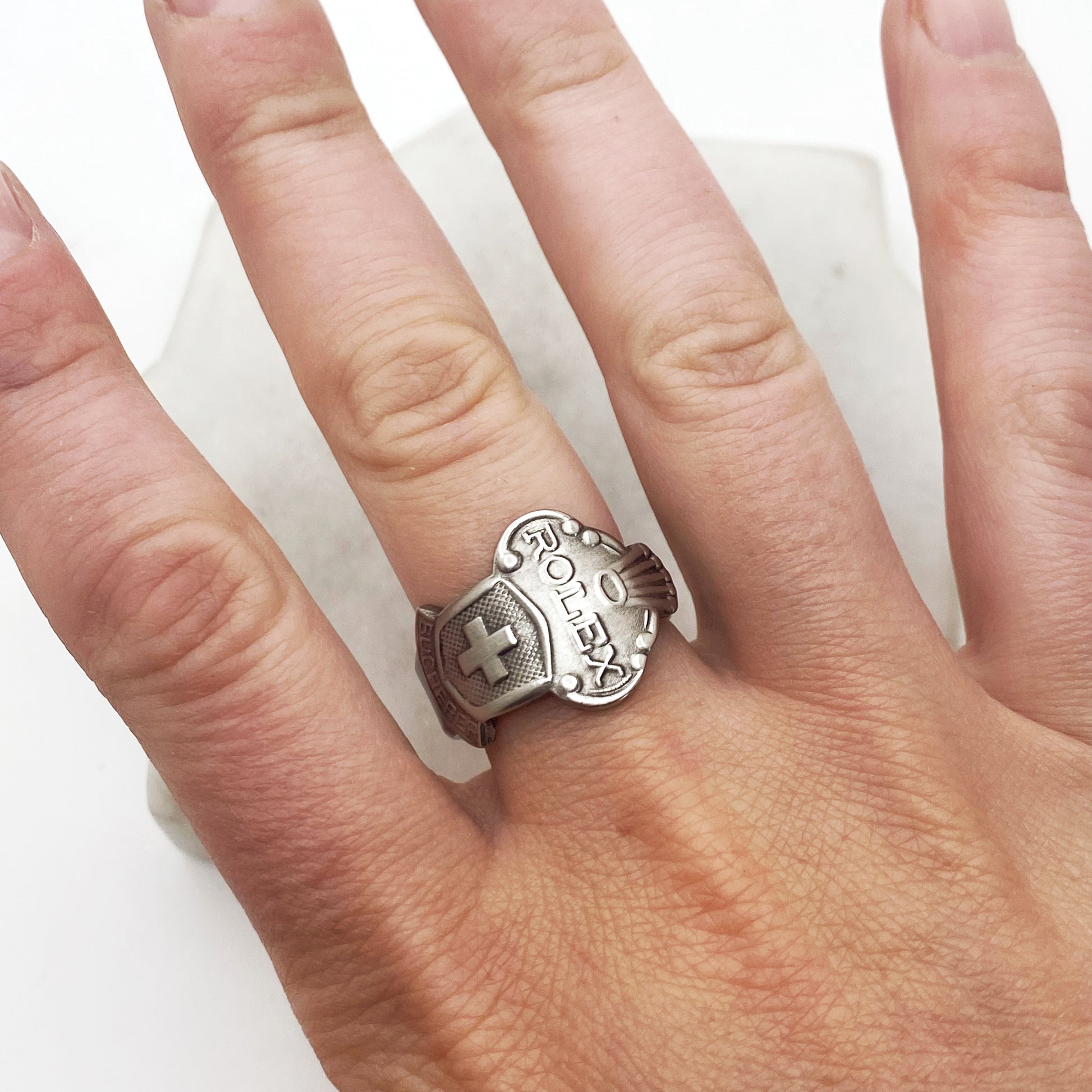 Rolex Spoon Ring, Custom Size, Swiss Cross, Lucerne, RARE Vintage Souvenir Spoon Ring, Stainless Steel Spoon Ring, Reclaimed Collector's Spoon Ring Rings callistafaye