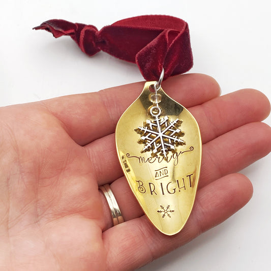 Merry & Bright, GOLD Spoon Bowl Ornament, Hand Stamped Vintage Spoon Ornament, Snowflake Ornament Ornaments callistafaye   