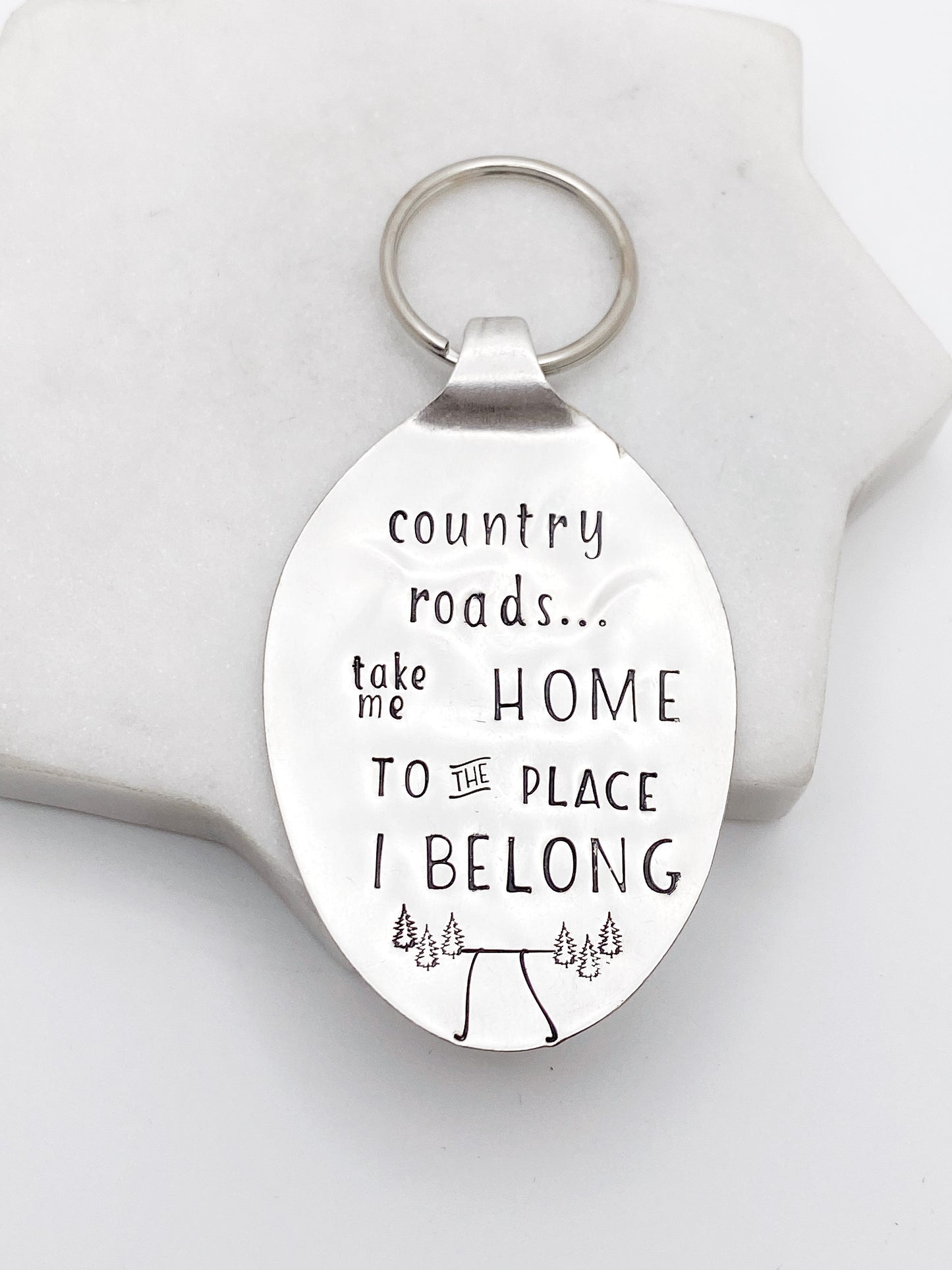 Country Roads Take Me Home, Hand Stamped Vintage Spoon Keychain Keychains callistafaye   